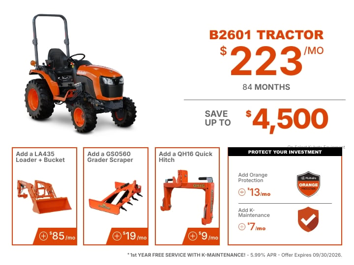 Kubota B2601 compact tractor promotional offer featuring financing from $223 per month at 0% APR for 84 months and savings up to $4,500. Optional add-ons shown include a LA435 loader and bucket, QH16 quick hitch, GS0560 grader scraper, and equipment protection plans.