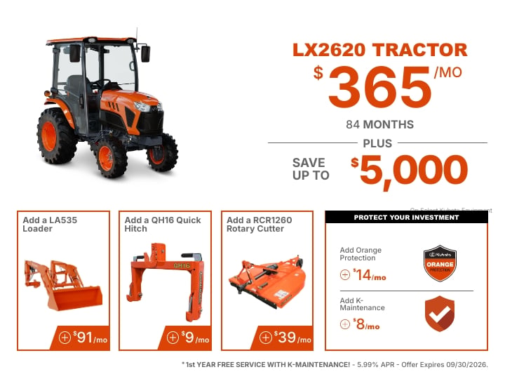 Kubota LX2620 tractor promotional offer featuring financing from $365 per month at 0% APR for 84 months and savings up to $5,000. Optional add-ons shown include a LA535 loader, RCR1260 rotary cutter, QH16 quick hitch, and equipment protection plans.